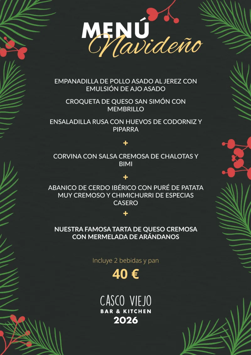 Cartel del menú de Navidad 2026 de Casco Viejo Bar & Kitchen, 40 € con 2 bebidas y pan